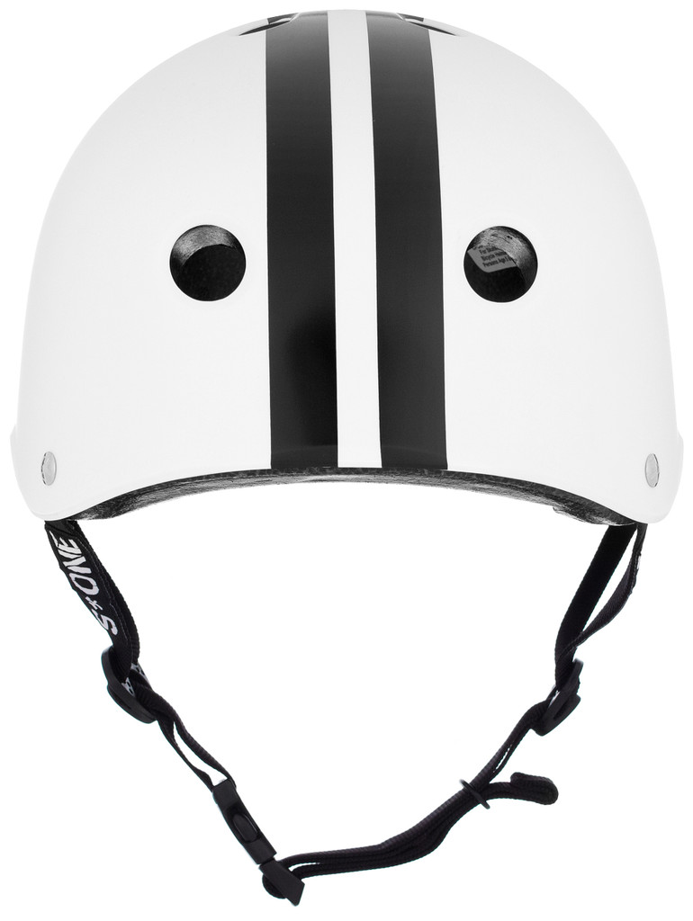 White Gloss w/ Black Stripes BMX Helmet S1 Lifer rear view.