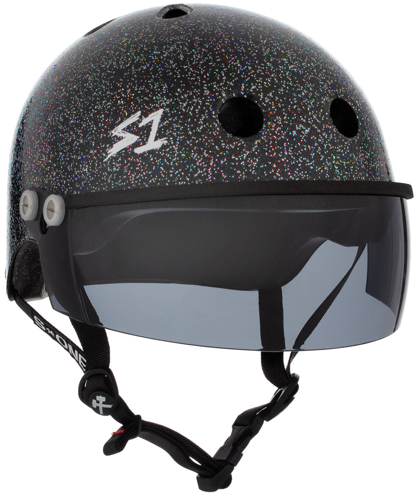 Black Glitter Roller Derby Helmet S1 Lifer Tint Visor 3/4 view.
