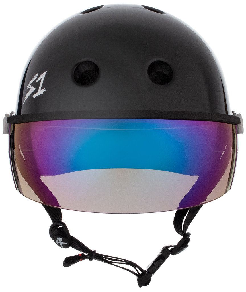 Black Gloss Skateboard Helmet S1 Lifer Iridium Visor front view.
