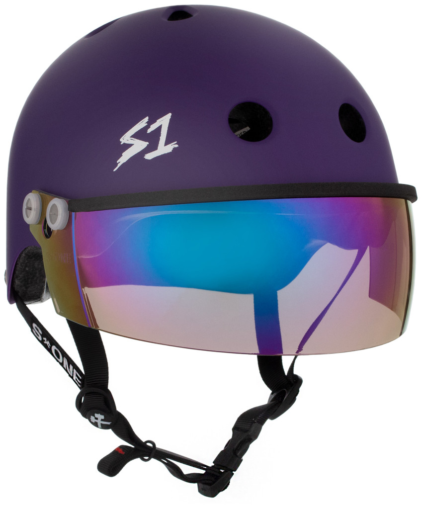 Purple Matte Roller Skate Helmet S1 Lifer Iridium Visor 3/4 view.
