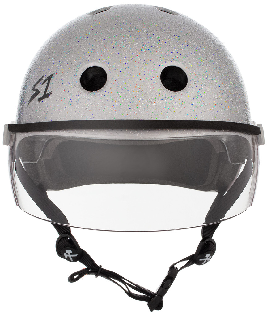 Silver Glitter Roller Derby Helmet S1 Lifer Visor front view.
