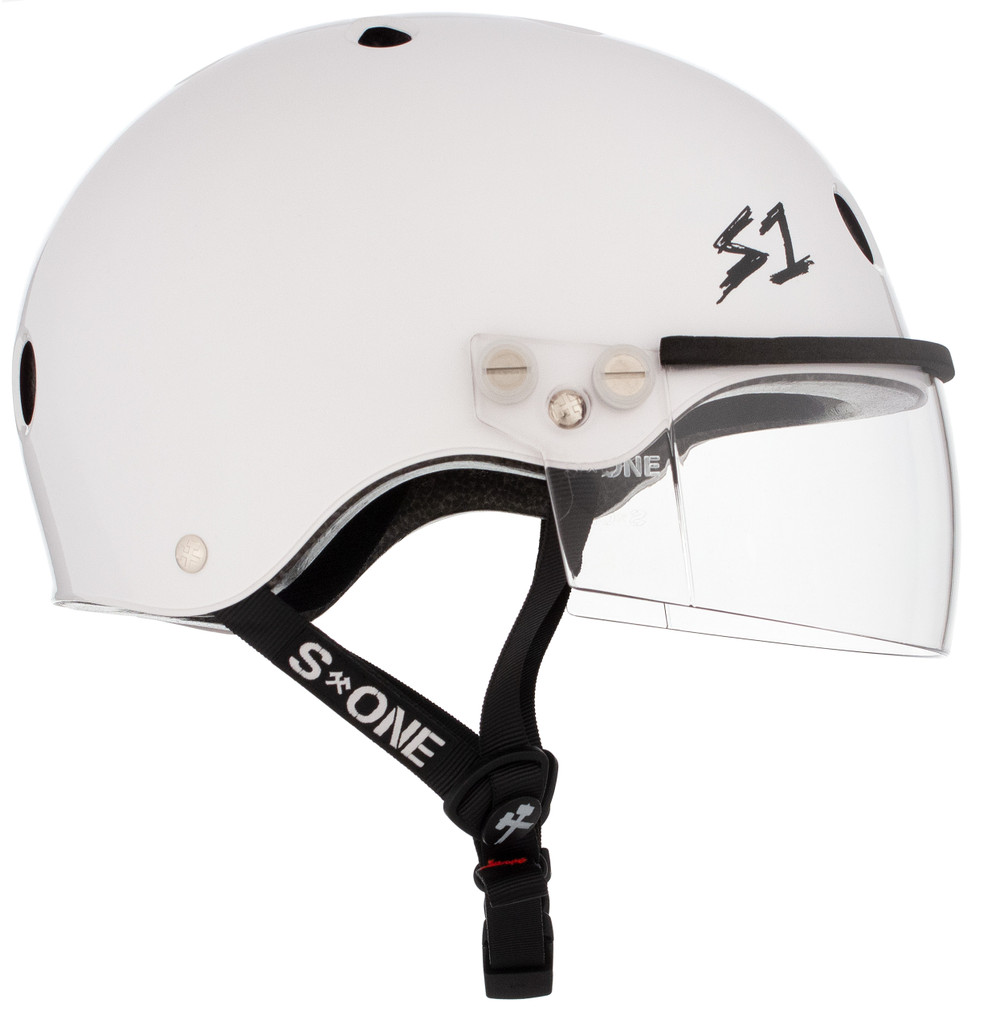 White Gloss Roller Skate Helmet S1 Lifer Visor side view.
