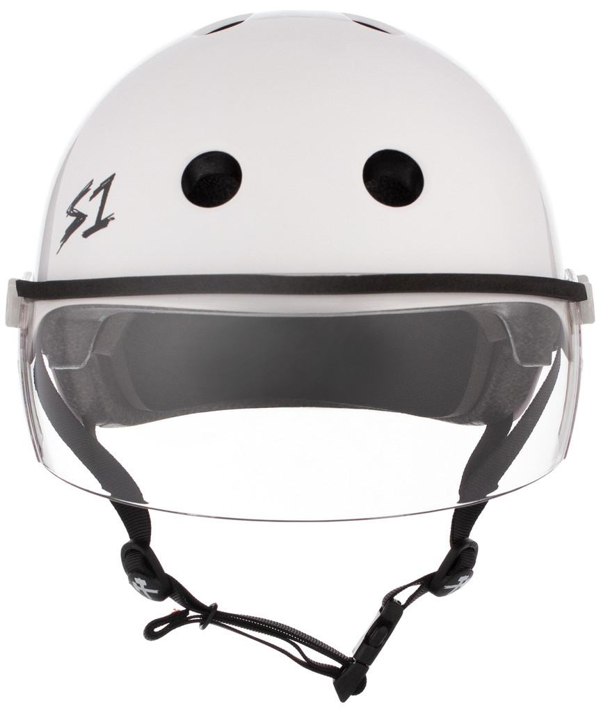 White Gloss Skateboard Helmet S1 Lifer Visor front view.
