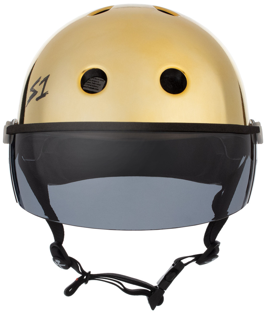 Gold Mirror Skateboard Helmet S1 Lifer Tint Visor front view.
