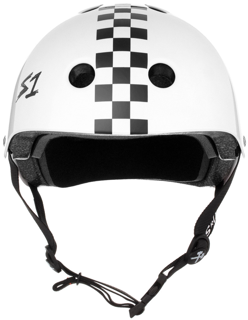 White Gloss w/ Checkers Skate Helmet S1 Lifer front view.