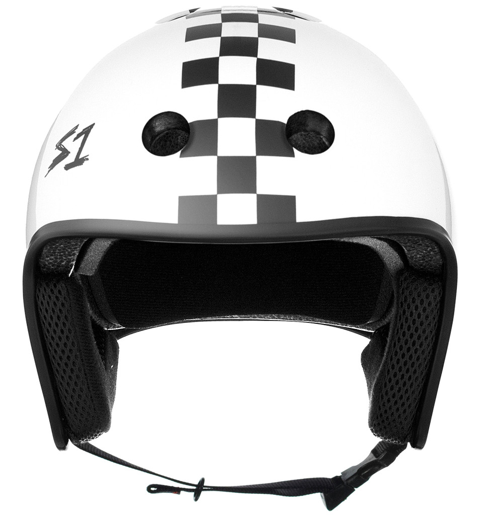 White Checkers Bicycle Helmet S1 Retro Lifer front view.
