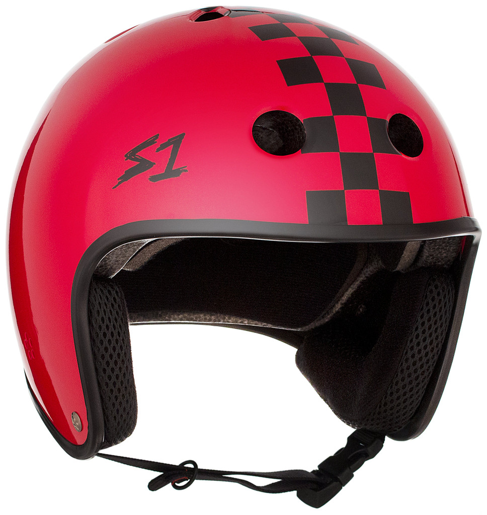 Red Checkers Bicycle Helmet S1 Retro Lifer 3/4 view.
