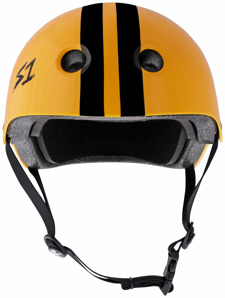 Orange Gloss w/ Black Stripes Skateboard Helmet S1 Lifer front view.