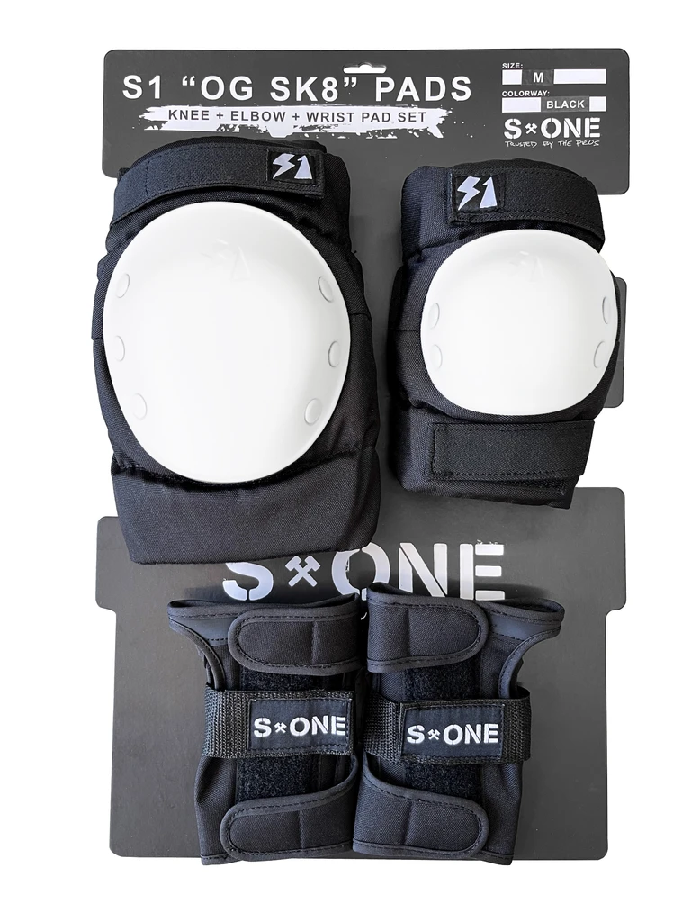 S1 OG SK8 3 pack White Caps with Knee Pads, Elbow Pads and Wrist Guards included