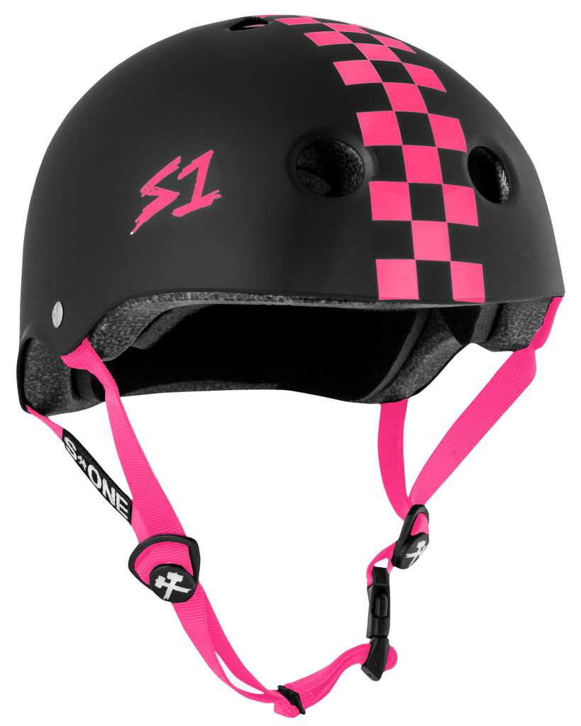 S1 Lifer Helmet Black Matte Pink Checkers Skateboard Helmet