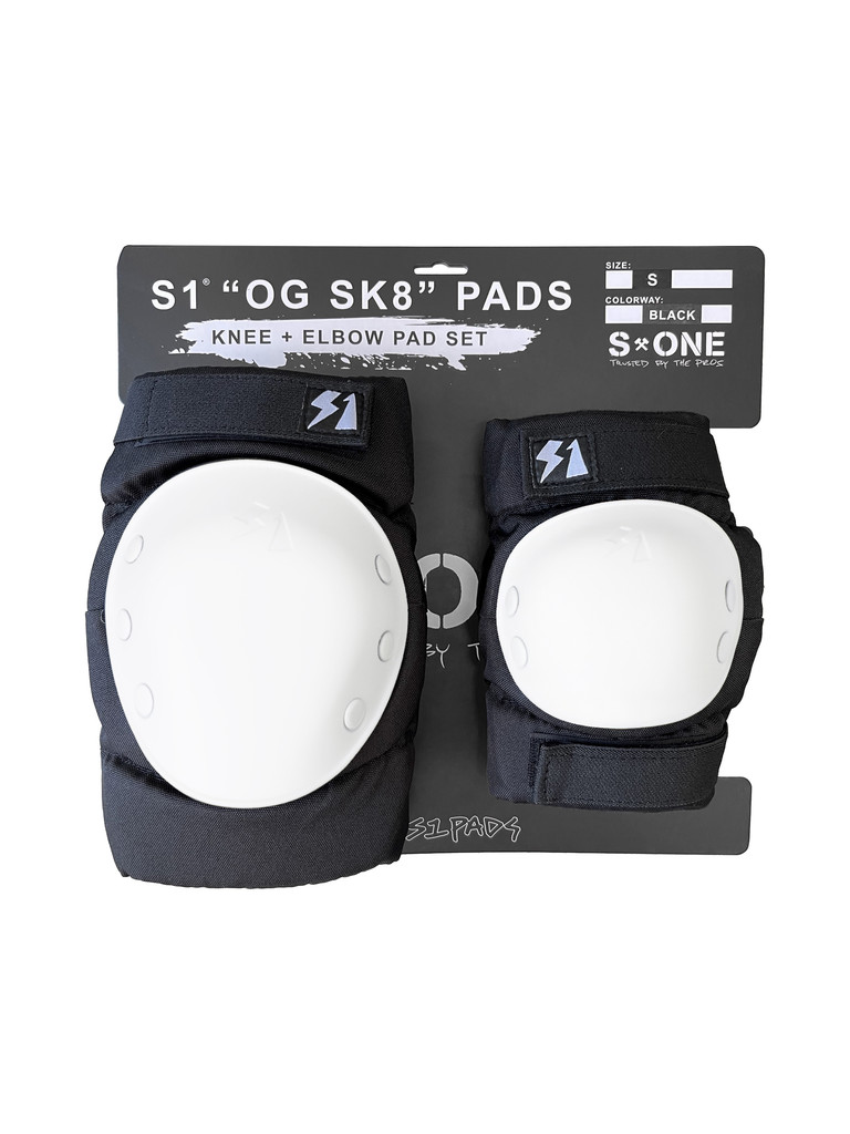 S1 OG SK8 Knee and Elbow Two Pack Skate Pads White Caps.