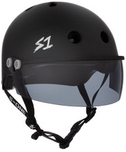 Black Matte Roller Derby Helmet S1 Lifer Tint Visor 3/4 view.
