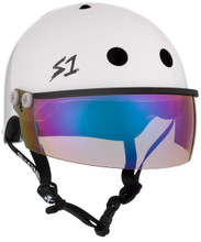 White Gloss Roller Skate Helmet S1 Lifer Iridium Visor 3/4 view.
