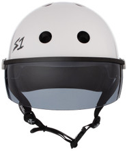 White Gloss Skateboard Helmet S1 Lifer Tint Visor front view.
