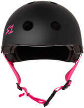 Black Matte w/ Pink Straps Skateboard Helmet S1 Lifer front view.