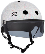 White Glitter Roller Skate Helmet S1 Lifer Tint Visor 3/4 view.
