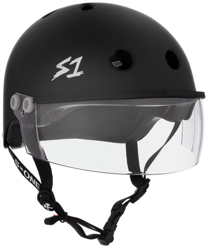 Black Matte Roller Derby Helmet S1 Lifer Visor 3/4 view.
