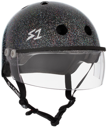 Black Glitter Roller Derby Helmet S1 Lifer Visor 3/4 view.