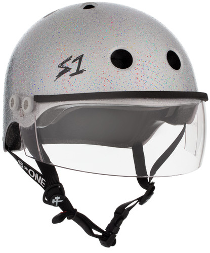 Silver Glitter Skate Helmet S1 Lifer Visor 3/4 view.
