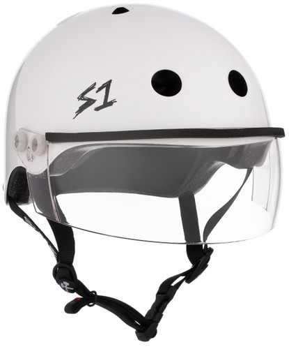 White Gloss Roller Skate Helmet S1 Lifer Visor 3/4 view.
