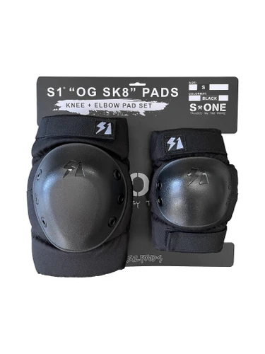S1 OG SK8 Knee and Elbow Two Pack Skateboard Pads Black Caps.