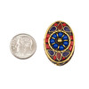Tibetan Brass 21x30mm Oval Bead with Lapis and Red Coral Teardrop Inlay - 1 per bag