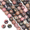 Large Hole Rhodonite 12mm Round Beads with 4mm Drilled Hole - approx. 8 inch strand