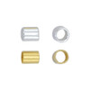 Assorted sizes of metal crimp tubes for stretch cord, shown in close-up detail on a white background.