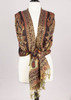 Cashmere Scarf with Metallic Gold, Red, & Orange Floral Paisley Pattern - #97