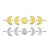 10-piece set of brass moon phase beads shown in raw and silver finishes, featuring 8 crescent half moons and 2 full moon rounds with 1.25mm holes for jewelry making.