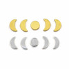 10-piece set of brass moon phase beads shown in raw and silver finishes, featuring 8 crescent half moons and 2 full moon rounds with 1.25mm holes for jewelry making.