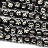 Bone 9x12mm Black Rondelle Beads with Carved White Vertical and Diagonal Lines - 8 inch strand