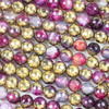 Hot pink agate 8mm faceted round natural gemstone beads with reflective gold plating, strung in a 15-inch strand, offering a vibrant and luxurious look.