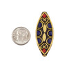 Tibetan Brass 17x42mm Marquis Focal Bead with Hearts, Lapis, and Red Coral Inlay - 1 per bag