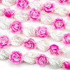Fimo 21mm Bright Pink Roses alternating with 18x24mm Handmade Lampwork Glass White Twisted Leaf Beads - 8 inch strand