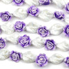 Fimo 21mm Purple Roses alternating with 18x24mm Handmade Lampwork Glass White Twisted Leaf Beads - 8 inch strand