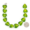 Handmade Lampwork Glass 15mm Lime Green Heart Beads with a Silver Foil Center - 8 inch strand