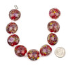Handmade Lampwork Glass 20mm Red Coin Beads with a Pink Rose and Rainbow Spots - 8 inch strand