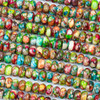 Close-up of Dyed Fiesta Rainbow Impression Jasper 5x8mm Rondelle Beads - color #06 showing the vibrant mix of bright and earthy colors, marbled patterns, and rondelle bead shape.