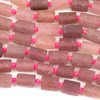 Matte Red Strawberry Quartz approx. 10x14mm Faceted Tube Beads - 15 inch knotted strand