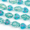 Handmade Lampwork Glass 12mm Matte Aqua Blue Hearts with Pink Roses and 12x16mm Silver Foil Rice Beads with Aqua Lines