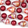 Handmade Lampwork Glass 15x20mm Red and White Rounded Teardrop Beads alternating with 13mm Red Glass Pearls
