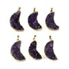 Druzy Amethyst 21x34mm right-facing moon natural gemstone pendant with gold foil edges and bail, perfect for unique jewelry designs.