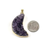 Druzy Amethyst 21x34mm right-facing moon natural gemstone pendant with gold foil edges and bail, shown next to a dime for size reference.