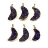 Druzy Amethyst approx. 21x34mm left-facing moon pendant with gold foil edges and bail, a stunning natural gemstone pendant for jewelry making.
