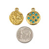 14k Gold Plated 304 Stainless Steel 15x18mm Textured Coin Charm with Aqua Cubic Zirconia Stars - 2 per bag