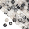Cherry Tree Beads Large Hole Black Rutilated Quartz 10mm Faceted Lantern Beads with a 2.5mm Drilled Hole - approx. 8 inch strand 