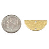Textured half moon link component in brass, with two holes, available in raw or coated finishes, displayed next to a coin
