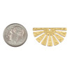 One14x25mm brass half sun component with a fine linear texture, available in raw and coated brass options, next to a coin for size reference