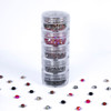 metallic red, black, and purple beads in a travel kit